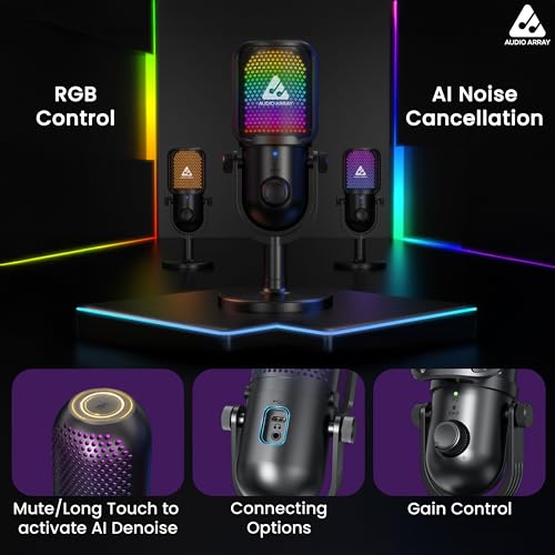 Image of Audio Array AM-C47 RGB USB Condenser Mic Kit | AI Noise Cancellation, 192kHz /24Bit Studio Quality, Touch Control, Headphone Monitoring | Podcasting, YouTube, Gaming & Streaming | Mac /PC & Mobile