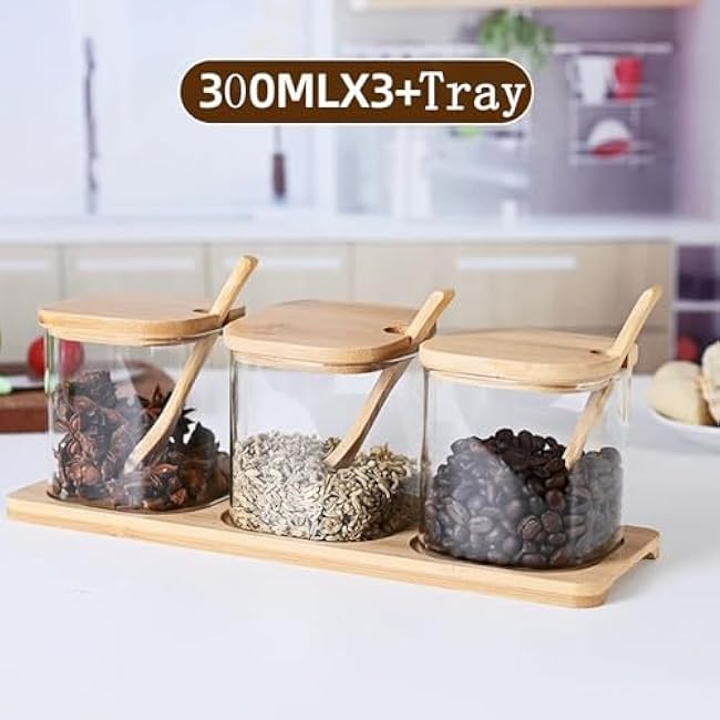 Square Glass Spice Jar Set with Wooden Tray Lids & Spoons