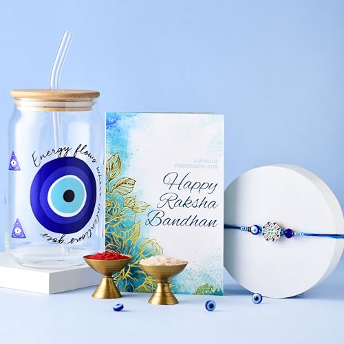 Image of To The Nines Rakhi Gift for Brother - Gift Pack of Evil Eye Tumbler, Rakhi, Tilak Material & Greeting Card