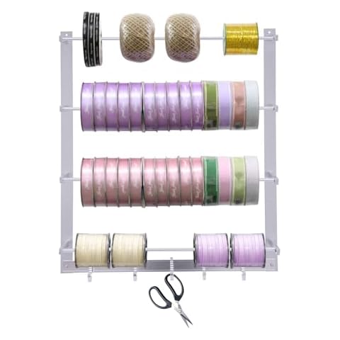 mignonnememe Ribbon Organizer Aluminum Alloy Ribbon Holder Organizer Rack 4 Tier Ribbon Storage Organizer with 5 Hooks for Crafts Silver(Brackets Only) Cover