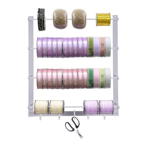 MOCHAG Craft Ribbon Holder Organizer Storage Rack, 4 Tier Wall Mount Retail Display Scarf &Tie Rack with 5 Hooks, Wire Spool Rack Ribbons Roll Storage Sewing Tool Rack for Home Clothing Retail Store