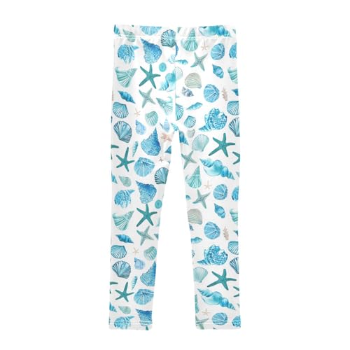 Wusikd Watercolor Teal Girls' Leggings Toddler Doodles Blue Sea Shells Starfish Kids Yoga Pants Dance Active Tights 4T2