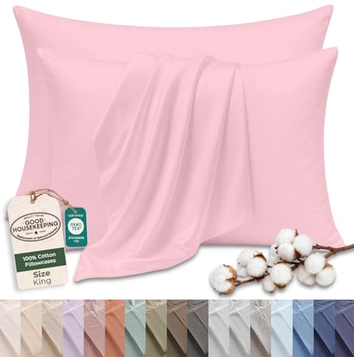 Image of Royale Linens 100% Cotton Pillow Cases King Size Set of 2 - Percale Pillowcase - Pink Pillow Cases Super Soft Cooling & Breathable Hotel Cotton Pillowcases, Fits King Pillows (20 inchx40 inch, Pink)