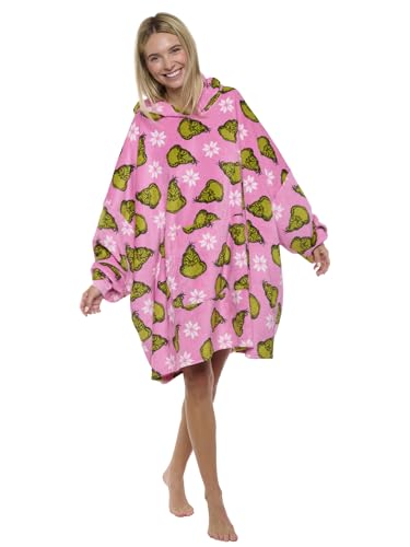 Grinch Stole Christmas Cobertor feminino de pelúcia grande com capuz vestível Dr. Seuss, rosa, P-M