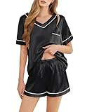 SHEFOTY Silk Pajamas for Women Short Sleeve Satin 2 Piece Pj Set Soft V Neck Sleepwear Loungewear, S-XXL Black