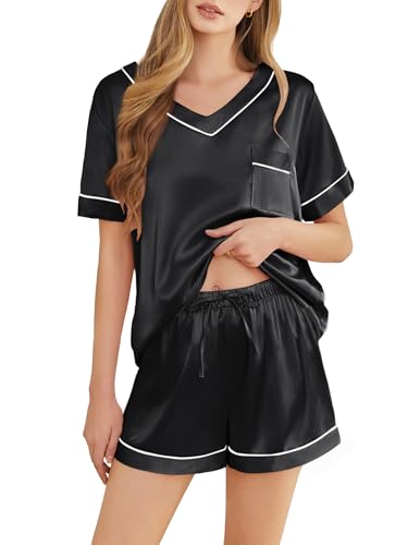Image of Silk Pajamas for Women Short Sleeve Satin 2 Piece Pj Set Soft V Neck Sleepwear Loungewear, S-XXL