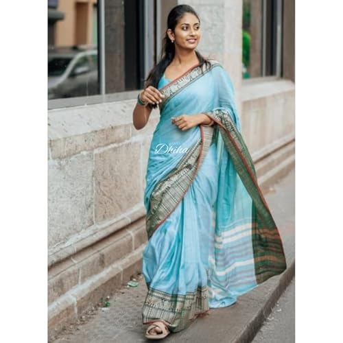 Image of Narayanpet Pure Cotton Avani Border Saree for Women with Running Blouse | Tassels | Traditional Woven Solid Design | Handloom Weave