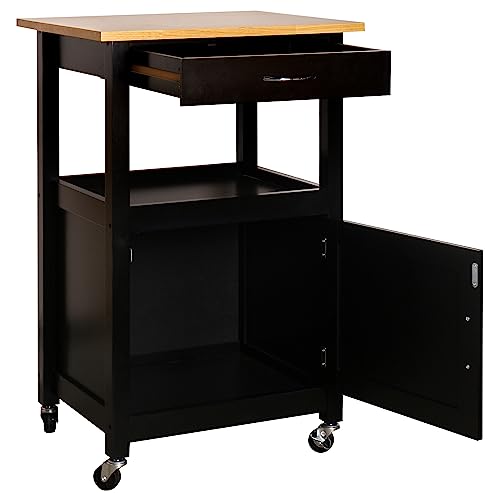 eHemco Kitchen Island Cart on Wheels with Drawer, Storage Cabinet, Shelf and Natural Solid Hardwood Top, Black Base