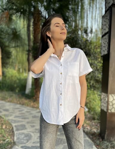 HOTOUCH Women Linen Shirts Button Down Cotton Short Sleeve Blouses V Neck Collared Button-up Gauze Tops S-3XL3