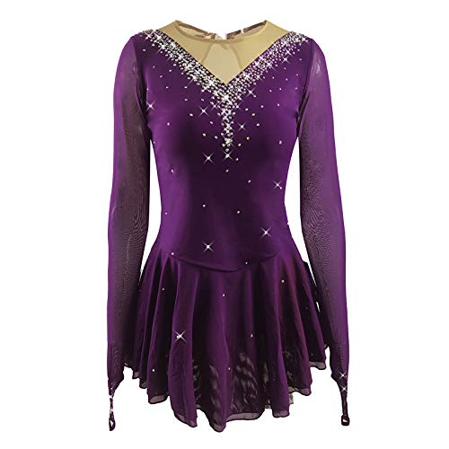 Women Girls Figure Ice Skating Dress Stretch Mesh Christmas Holiday Costume Dance Leotard Purple
