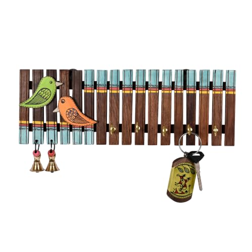 Image of Aakriti Art Creations Key Holder, Handcrafted Tribal Art Wooden Strips & Birds Design Key Hanger | Rustic Wood Wall Organizer with 5 Hooks| Storage Shelf For Keys, Hats| Multifunctional Entryway Decor