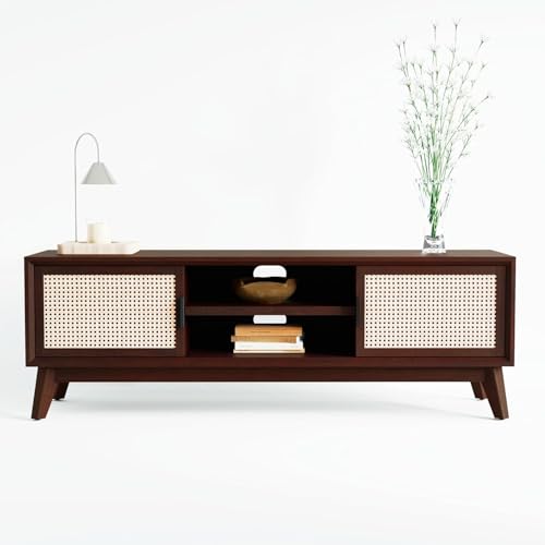Image of Premium Solid Wood, 10 Minutes Assembly (Legs Only), Aesthetic Rattan Doors, Mid Century Entertainment Center for Living Room, TV Stand for 65 inch TV, Dark Chocolate (Walnut Colour)