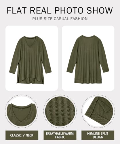Image of RITERA Plus Size Women Sweaters Waffle Knit Pullover Top Long Sleeve Casual Crewneck Shirt Loose Split Hem Fall Winter Blouse