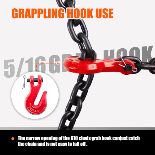 Image of G80 Transport Binder Chain 5 /16 Inch x 16 Foot | 4,900 lbs Safe Working Load | Tow Chain with Clevis Grab Hooks | Ideal for Transporting, Towing, and Binding Equipment