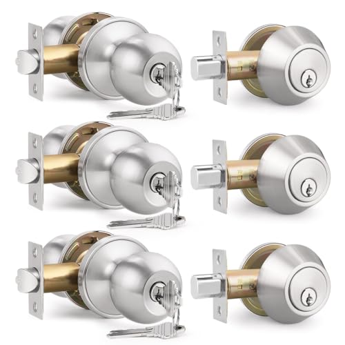 Brotima 3 Pack Keyed Entry Door Knob and Single Cylinder Deadbolt Combination Set in Satin Nickel Exterior Door Knob with Deadbolt Keyed Alike Door Lock Sets Deadbolt Combo
