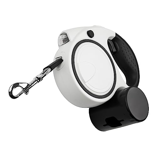 Ultra White Extendable Dog Lead 5m with LED Light & Waste Bag Holder Poo Bag Dispenser Strong Retractable Leash for Large Dogs Long Training Lead for Small Medium Large Dogs Flexi Leads Reflective