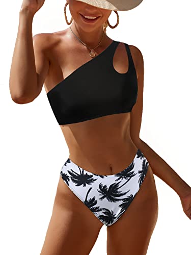 JFAN Traje de Baño Mujer Conjunto de Bikini Un Hombro Trajes de Baño Ahuecados Bañador Atractivo de Dos Piezas(Black Tree,L)