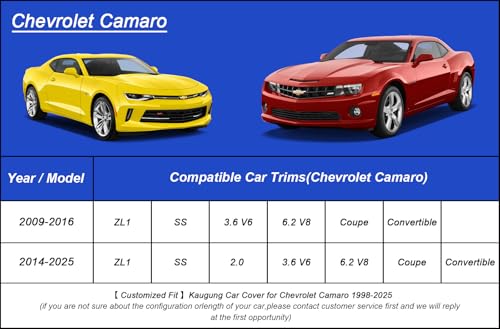Image of Kaugung Car Cover Waterproof Custom Fit Chevy Chevrolet Camaro(1998-2025), Full Exterior Cover for Automobiles Lightweight Resistant Outdoor Sun UV Rain Dust Snow Wind Protection.