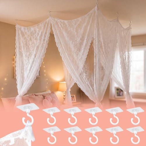 CrystalSylara 4 Panels Lace Bed Canopy Curtains with 10 Ceiling Hooks 59 x 84 Inch Curtains for Twin Size Bed Dorm Bedroom No Drill Romantic White Lace Canopy Tie Top DIY Setup