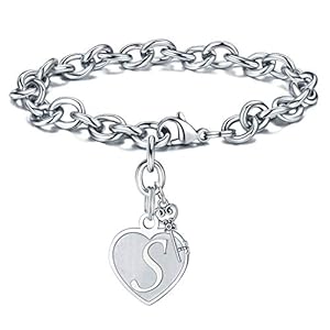 M MOOHAM Heart Initial Bracelets for Women Gifts – Engraved 26 Letters Initial Charms Bracelet Stainless Steel Bracelet Birthday Christmas Jewelry Gift for Women Teen Girls