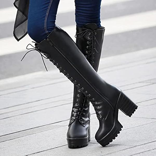 MGYQ Dames Chelsea Boots Platform Veterschoenen Dikke Hak Knie Hoge Laarzen Ronde Teen Casual Laarzen