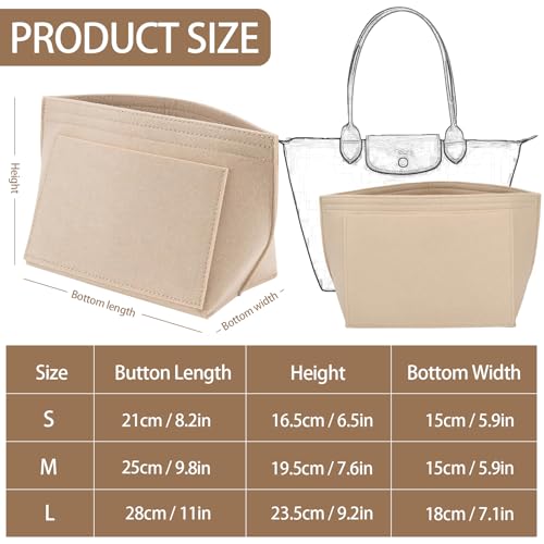 Wisebom Filz Taschenorganizer für Longchamp, Filz-Organizer mit Mehreren Taschen, Tragetasche Organizer, Handtasche Innentasche für Schlüssel Lippenstift Wasserbecher (Beige, S)