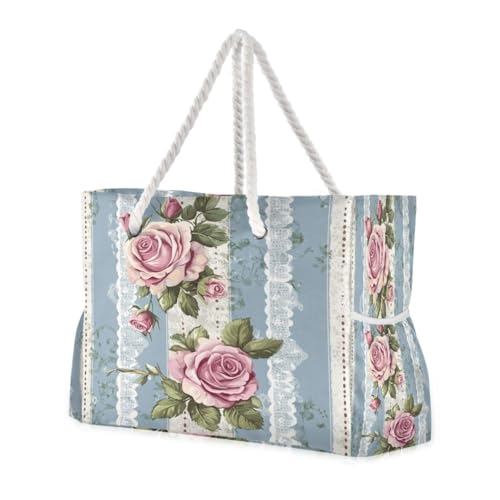 Striped Polka Dot Pattern with Roses (2) Beach Bag & Travel Tote Bag Large Sandproof with Zipper Closure, Wet Pouch for Swim Gym Travel, Lightweight Foldable Outdoor Bag