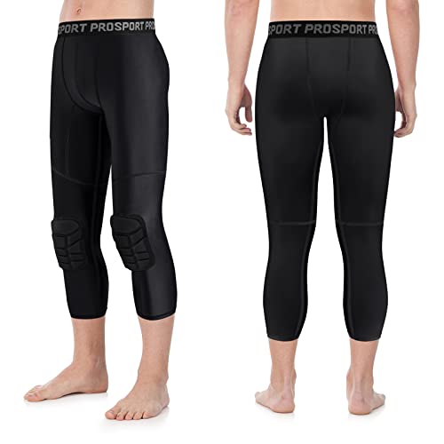 Blaward Mens Boys Compression Pants With Knee Pads 3/4 Capri Sport Tights Basketball Athletic Base Layer Workout Leggings #TOP6
