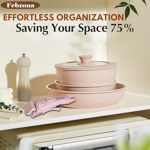 Image of Febzona 6 Pcs Pots and Pans Non Stick Cookware Combo Set Induction Ready, with Detachable Handle, Stackable Kitchen Cooking Set Removable Handle, Oven Safe, frypan Tea pan Utensils (Pink Dual)