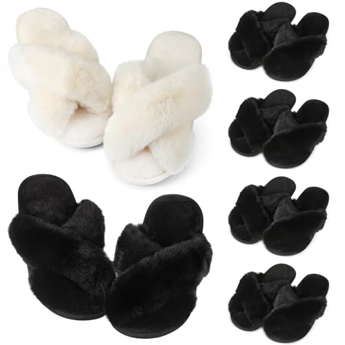 Toulite 6 Pairs Wedding Bridesmaid Slippers Women Fluffy Open Toe Fuzzy Plush Slippers, US9-10