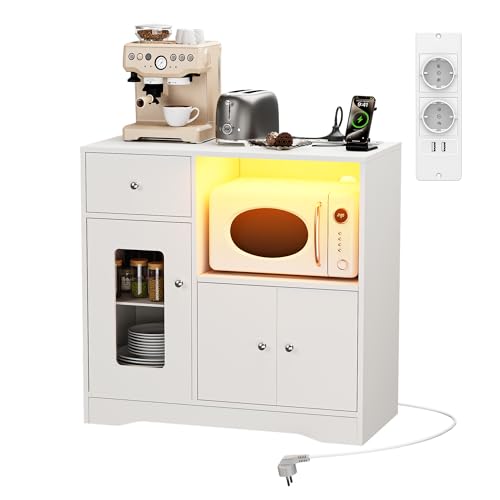 Ztexkee Aparador Cocina Mueble Auxiliar de Cocina Armario Buffet con Enchufe y LED, Mueble Microondas Cocina para Sala de Comedor Salón(Blanco, 83 x 40 x 80 cm)
