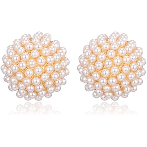 Met-edianger Cluster Pearl Earrings Big White Flower Beads Pearl Stud Earrings for Women 20MM Cover