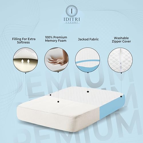 Image of Cervical Neck Support Pillow, High Density Memory Foam Contour for Sleeping, 50x30x6 cm, White and Sky Jacquard Shell, Orthopedic Bedding Cushion for Snoring Relief, Aligned Spine