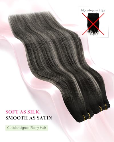 Image of YoungSee 24 Inch Human Hair Extensions Sew in Double Weft Hair Extensions, Natural Black Balayage Silver Blonde, Long Straight Sew in Hair Extension for Women Prefer Professional Installation 100g