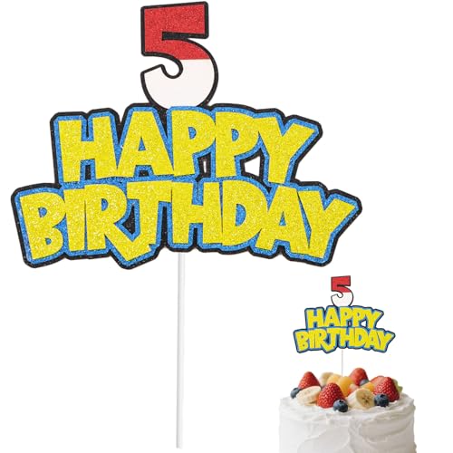 Adorno para Tarta Cumpleaños de Dibujos Animados, con Purpurina Roja y Blanca Número y Letrero de Feliz Cumpleaños Suministros para Decoración Fiesta Temática Anime (Número 5)