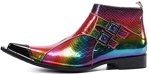 Santimon Mens Dress Casual Rainbow Ankle Chelsea Boots – Genuine Leather Punk Gothic Metal Pointed Toe Double Buckle Party Rock Cowboy Boots for Stage, Clubwear, Disco2