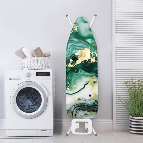 Image of Ironing Board Cover, Elastic Edge Universal Size Fit Standard Ironing Boards, Hook and Loop Fastener Strap, Green Gold Marble Print 15 inch x 54 inch