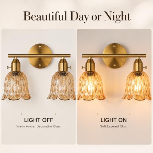 Image of 14.17 inch 2-Light Bathroom Light Fixtures, Gold Vintage Vanity Lights with Clear Amber Glass Shades, Bathroom Wall Lamp for Mirror Living Room Cabinet Bedroom Porch