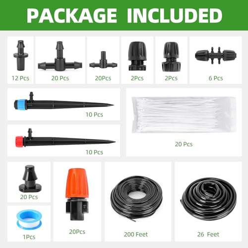 226FT Drip Irrigation System for Garden, Greenhouse, Yard, Lawn, Plant, Automatic Drip Irrigation Kit with 1/2 inch Hose 1/4 inch Distribution Tubing and Adjustable Nozzle Emitters Barbed Fittings