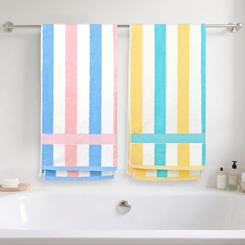 Image of Cotton Bath Towels Set of 2, Highly Absorbent Colorful Striped Towels | for Bathroom, Hotel, Spa, Beach, Large 55 x 27.5 Inches (Peach-Pink & Teal)