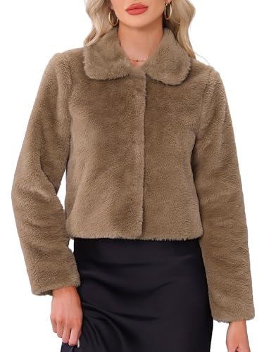 Allegra K Damen Elegante Kunstpelz Mantel Kurz mit Druckknopf Winter Hochzeiten Flauschige Fell Jacken Khaki L