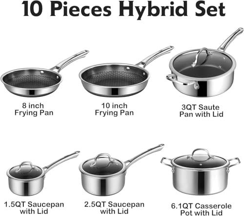 Image of Non Stick Frying Pans Set, Hybrid Pans Set Nonstick (9 pcs), Pan for cooking, PFOA Free Kitchen set, Dishwasher and Oven-Safe Cookware Sets, Stainless Steel Skillets