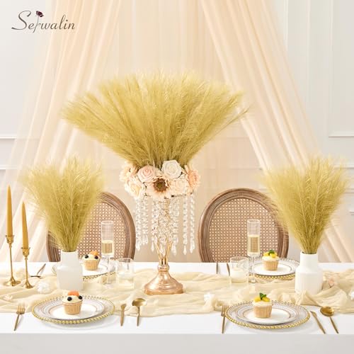 Image of Serwalin Gold Artificial Pampas Grass Decor, 17.7 Inch 6pcs Golden Realistic Faux Pampas Grass for Wedding Centerpieces, Home Decor, Table, Party Decorations