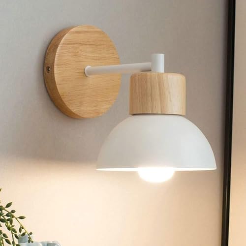 Aplique de pared de madera nórdico con cúpula blanca para dormitorio 3