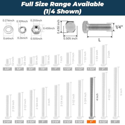 Image of 10 Sets Glvaner 1 /4-20 x 4 Stainless Steel Hex Head Screws Bolts, Nuts, Flat & Lock Washers, 18-8 (304) Stainless Steel, Full Thread, Coarse Thread