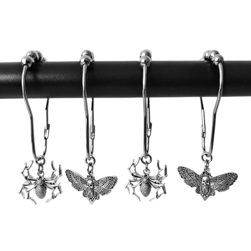 Palettease Shower Curtain Hooks Rings, Gothic Halloween Party Supplies, Goth Haunted Horror House Nightmare Devil Spooky Decors, Witchy Gift, Dark Magic, 12 PCS, Emo, Silver (Spider, Death Moth)
