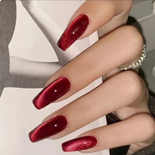GlamRays 30 Piezas de Ojos de Gato Rojo Prensa sobre uñas cuadradas Medianas largas con diseños de Joyas Cobertura Completa prensones uñas postizas Gel manicura Brillo