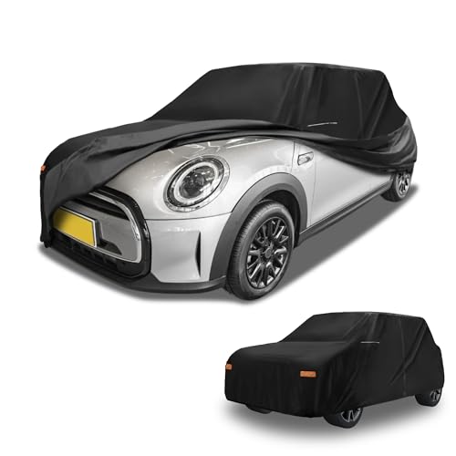 Image of Car Cover Waterproof All Weather 210D-PU, UV Sun Rain Protection, for Mini Cooper 4DR, with Left Side Zipper & Mirror Pockets, Black
