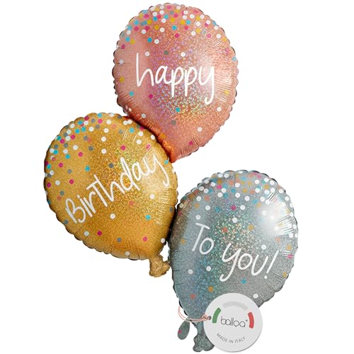 balloa Folienballon XXL Happy Birthday To You Helium Ballon Konfetti Design Luftballon Geburtstag Deko Erwachsene Geschenkidee Partydeko Glitzer Geburtstag Geburtstagsballon Gold Silber 81cm