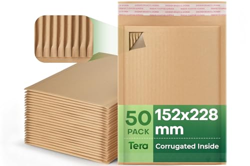 Tera Buste imbottite in carta kraft ondulata, 17,2 × 23 cm, confezione da 50 pezzi, 80 g/m², protezione ispessita, autoadesiva, riciclabile, materiale da imballaggio per spedizione, gioielli